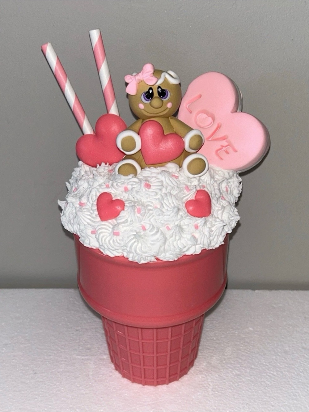 Pink Fake Gingerbread Whip Cream Milkshake Heart Dessert Display Handmade